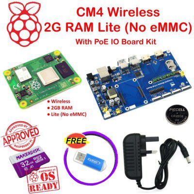 Raspberry Pi CM4 Wireless 2G RAM Lite (no eMMC) with PoE IO Board Kit
