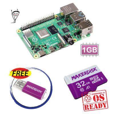 Raspberry Pi 4 Model B 1GB and 32GB microSD with RPi OS