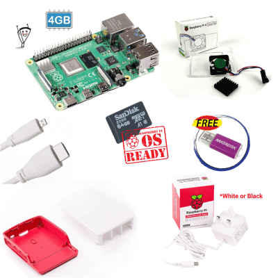 Official Case and Fan (Red-White) Kit with Raspberry Pi 4 Model B 4GB