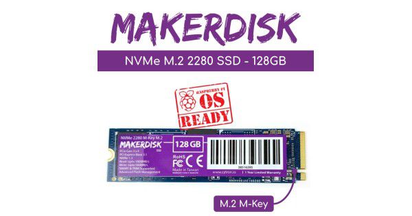 NVMe 2280 M-Key MakerDisk SSD - 128GB (Preloaded with Raspberry Pi OS)