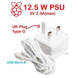 Official RPi 12.5W (5V/2.5A) PSU microB UK Plug-White