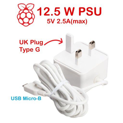 Official RPi 12.5W (5V/2.5A) PSU microB UK Plug-White