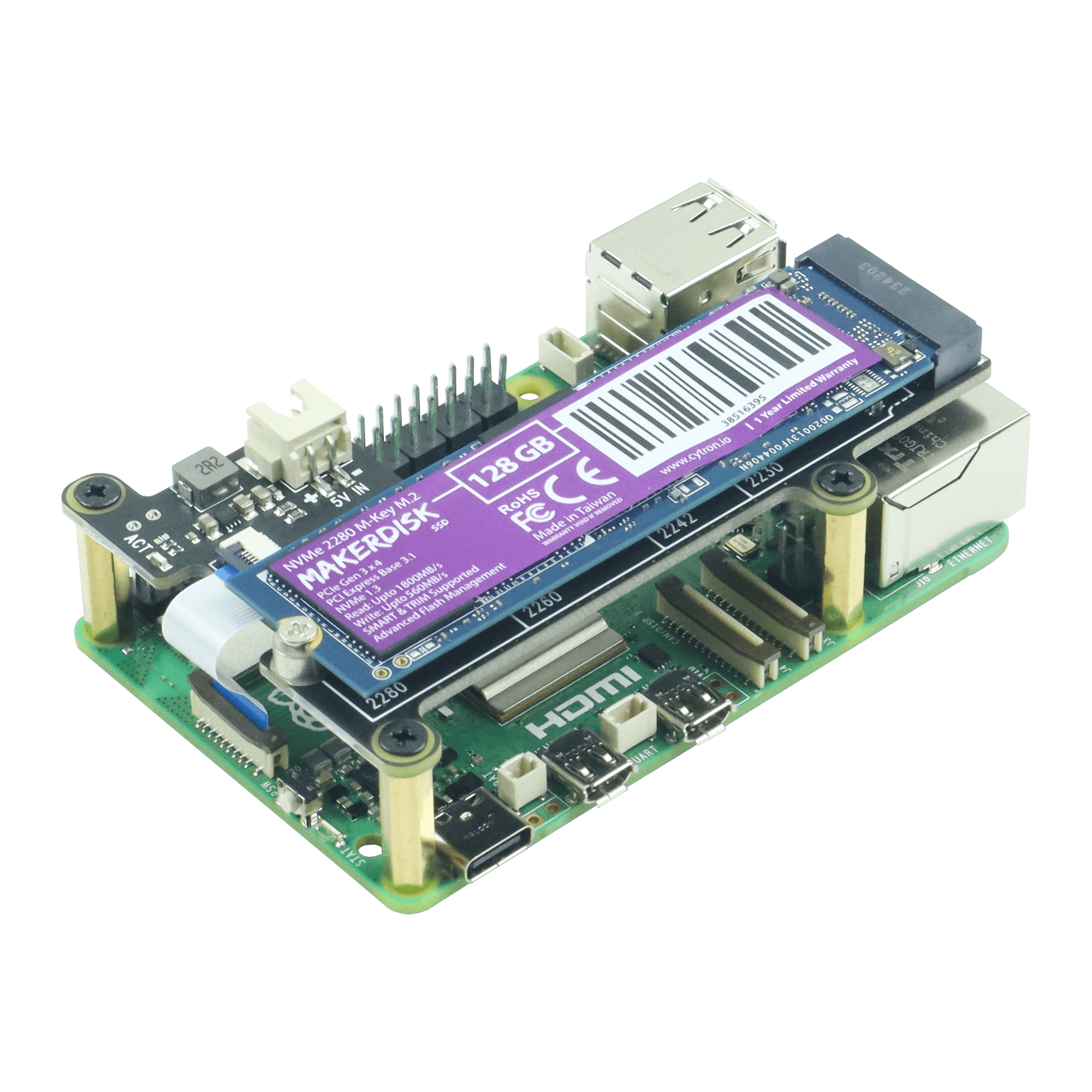 PCIe Hat สำหรับ Raspberry Pi 5 พร้อม MakerDisk NVMe SSD