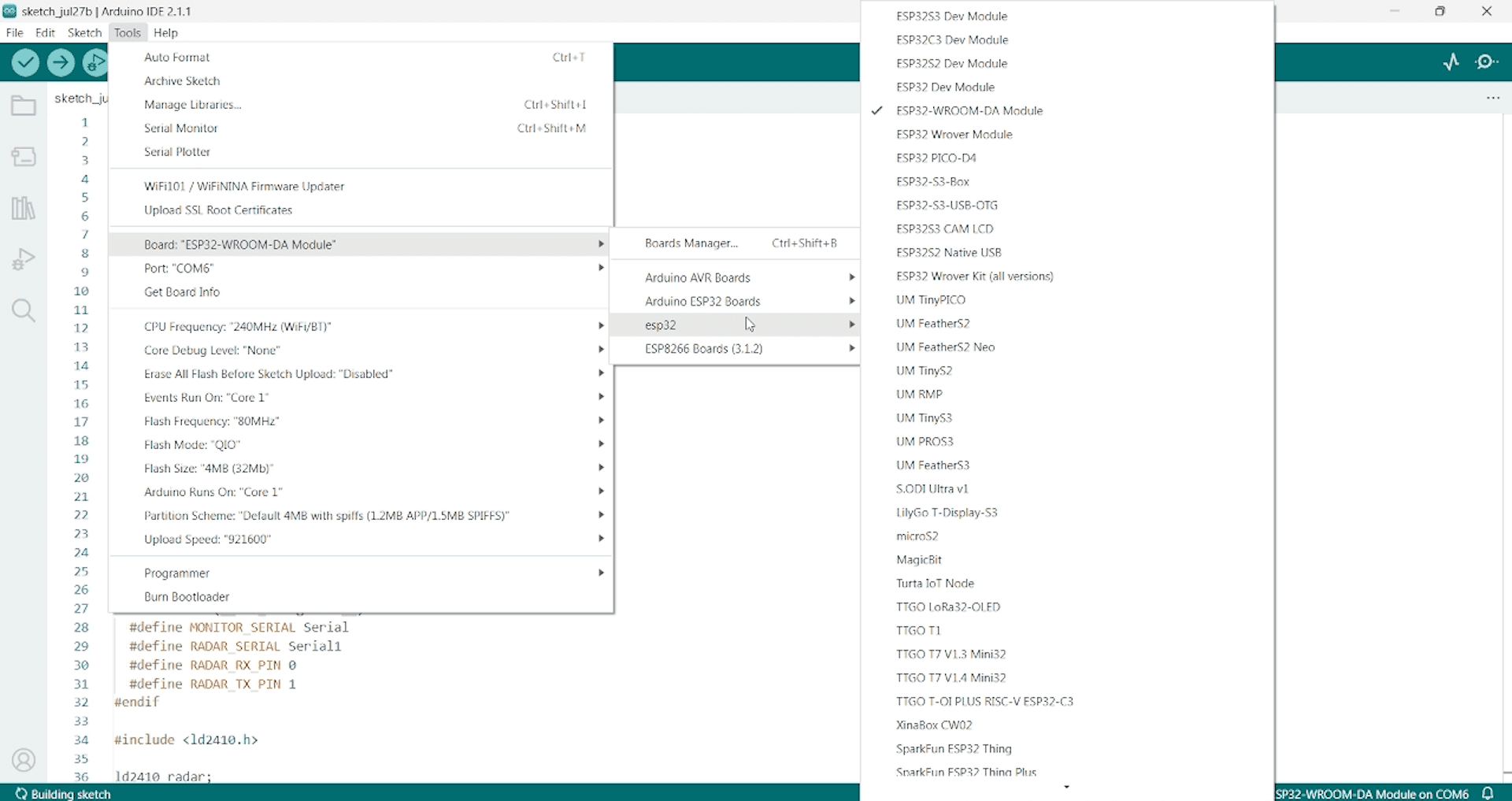 Interfacing the ld2410b human presence status sensor using esp32