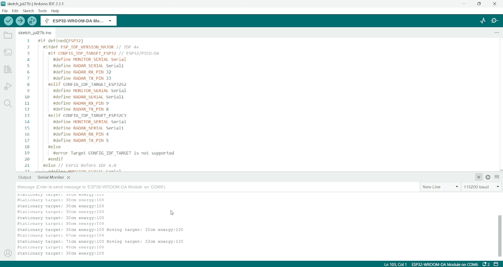Interfacing the ld2410b human presence status sensor using esp32